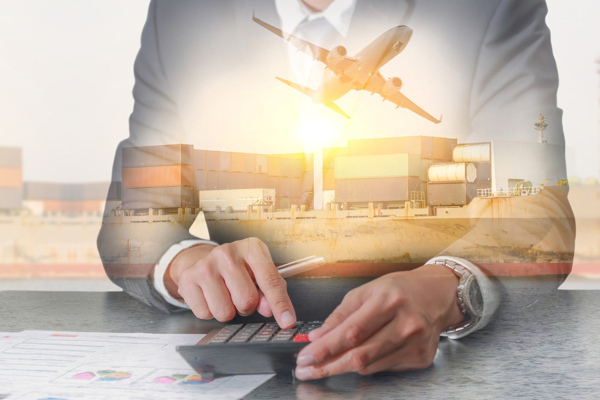 Double exposure of businessman working with calculator, Container Cargo ship, Cargo plane and airplane take off at sunset as business, Calculation, industrial, transportation and import export concept