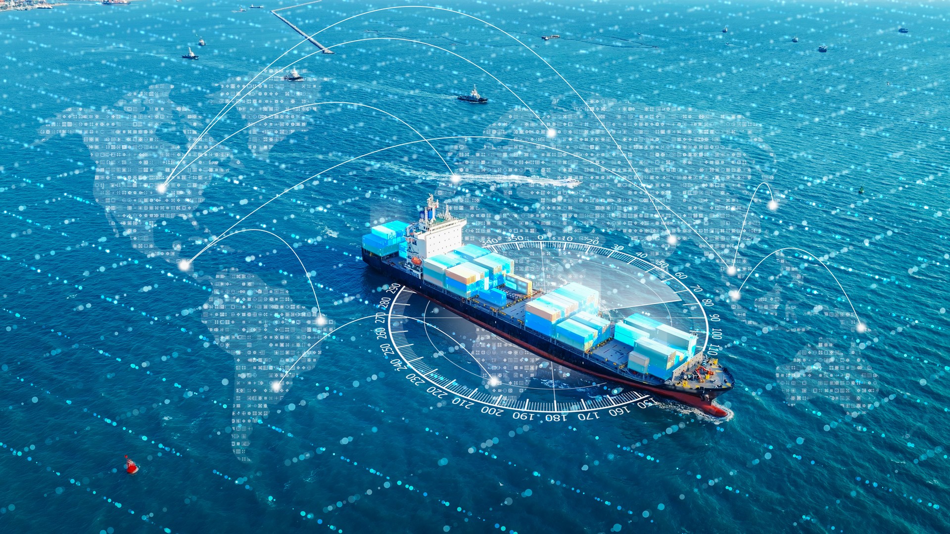 AI technology. Global Logistics international delivery concept, World map logistic and supply chain network distribution container Ship running for export import to customs cean concept isometric